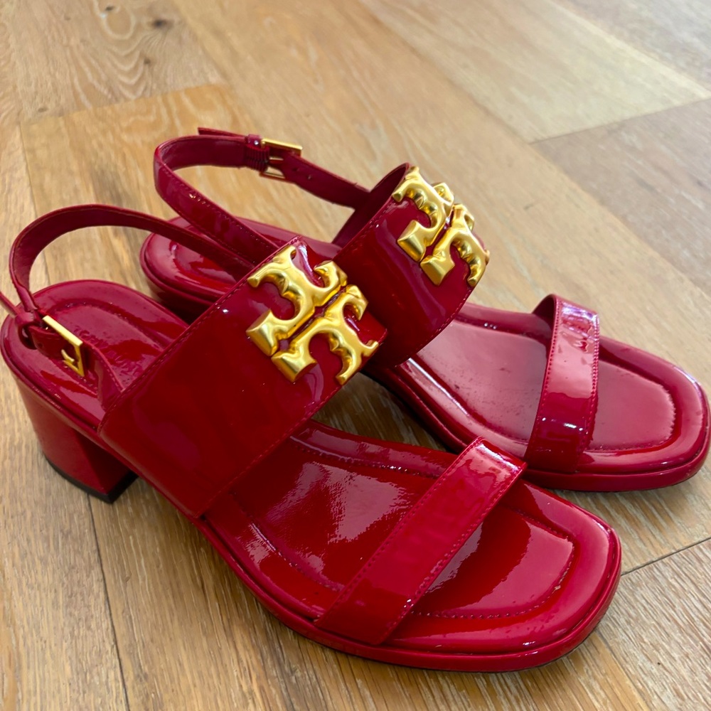 Block heeled red patent leather Tory Burch sandals